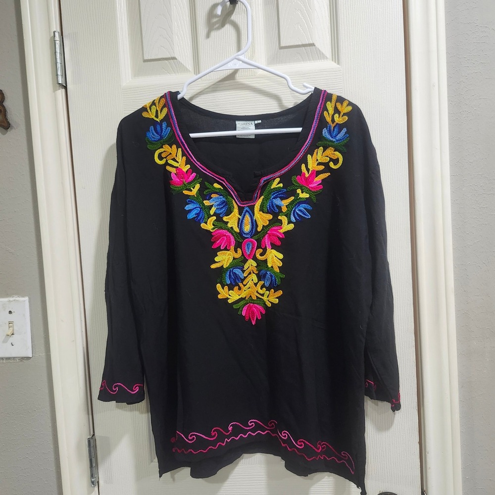 Karina Black Embroidered Floral Tunic Blouse Womens Large 100% Viscose Boho Top